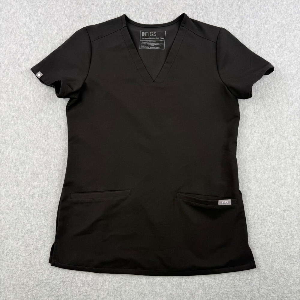 FIGS Scrub Top Womens XXS Black Technical Collection V Neck Pockets Nurse